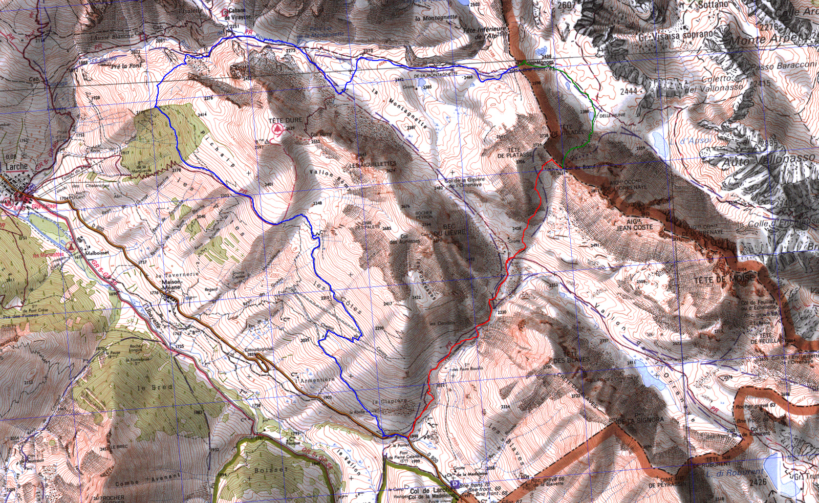 20161111-000-ColLarche-trace.jpg - La trace : en rouge la montee au col du Boeuf. De la je voulais traverser par la Tete de Villadel, mais on aurait ete des glacons avant d'y arriver. En vert donc la traversee du coté italien vers le Col des Monges, puis en bleu le long retour plus ou moins en descente. Je voulais couper par le Col Remy mais quand on a vu la soufflerie la haut ... On a les raquettes dans la partie verte puis jusqu'a l'arrivée sur la "route" au sud de la Tete Dure. Il valait mieux les avoir.
