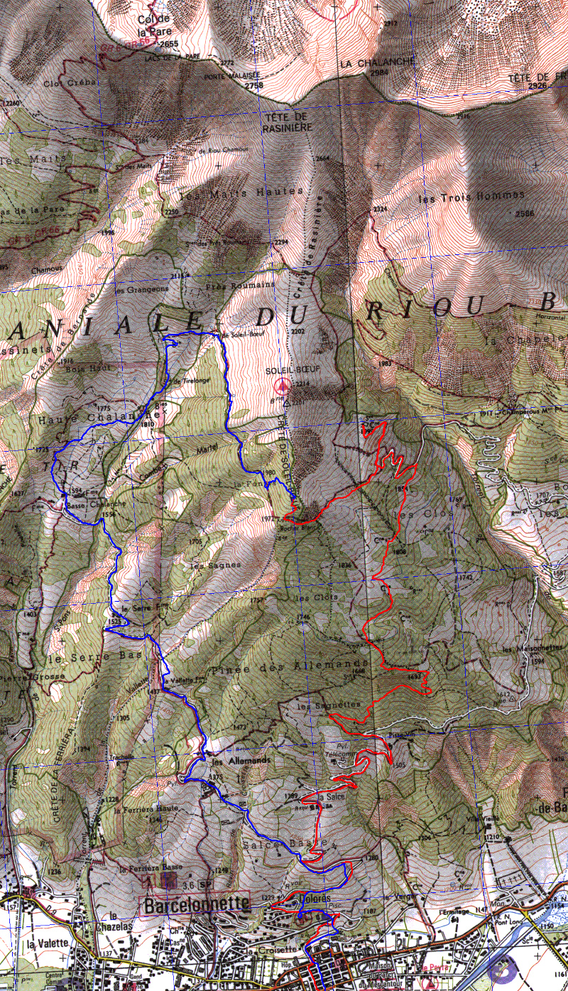 20161112-000-SoleilBoeuf-trace.jpg - La trace : encore une fois toute simple en rouge, la montee droit au-dessus de Barcelonnette pour attraper le chemin horizontal qui  doit nous mener au Col de la Pare. Mais on fait demi-tour bien avant. Un Belge du coin nous indique un tour du Soleil-Boeuf a l'horizontal qui nous evite un bete demi-tour. Mais a la jonction entre les traces rouge et bleu le chemin est parti sur un longue morceau et toute la pente avec. On cherche un peu pour trouver un contournement. Puis la descente assez directe par la Haute Chalanche, puis une route carrossable