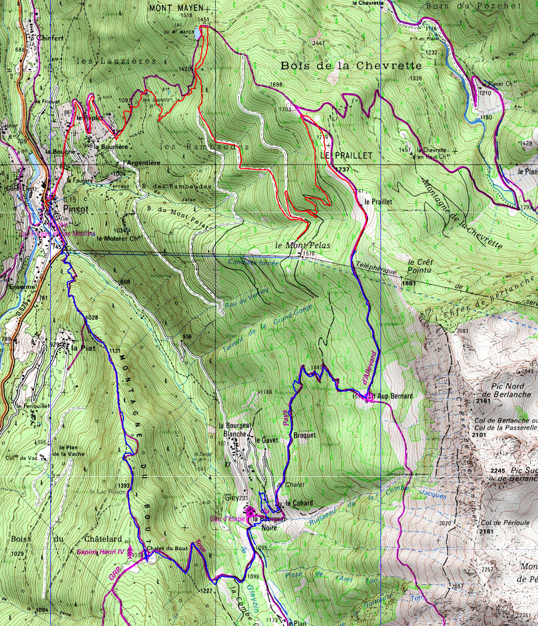20161120-000-Pinsot-trace.jpg - La trace : en rouge la montee par le Lac du Mont Mayen (dont on fait bien le tour, la carte est passablement fausse la) au Praillet, puis redescente par l'Aup Bernard au Gleyzin, puis apres une petite remontee au chalet du Bout, tres belle desente par la crete directement a Pinsot, sans passer par la route