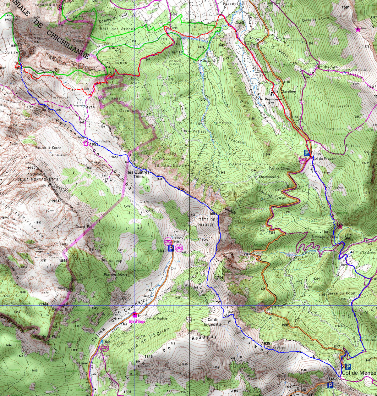 20161218-000-Essaure-trace.jpg - La trace : comme toujours la montee jusqu'au point le plus haut en rouge -- sauf que cette fois la montee commence par la descente du Col de Prayer. Et la "descente" en bleu est plus une successions de petites montees et descentes. Beau parcours sur les cretes