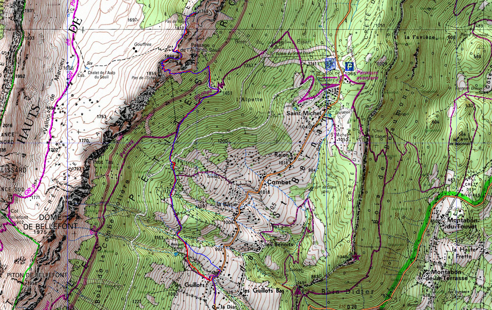 20161224-000-Aulp-du-Seuil-trace.jpg - La trace : presque le meme chemin a la montee (en rouge) et a la descente (donc en bleu). On voit sur la carte que le choix de la course est judicieux, elle est bien orientee par rapport au soleil