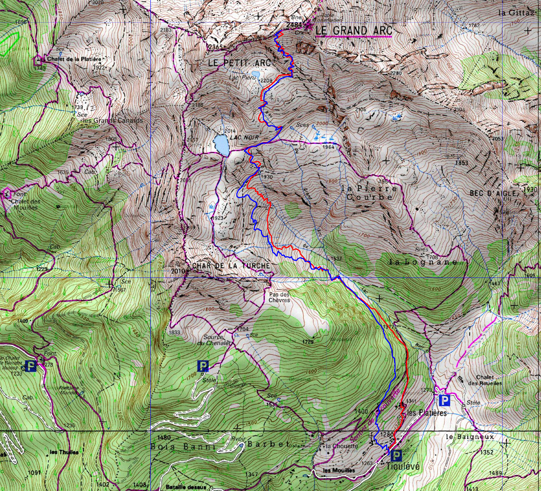 20170122-000-GrandArc-trace.jpg - La trace : la montee en rouge et la descente en bleu; pour atteindre le sommet il fallait dechausser, et la descente inspirait guere confience