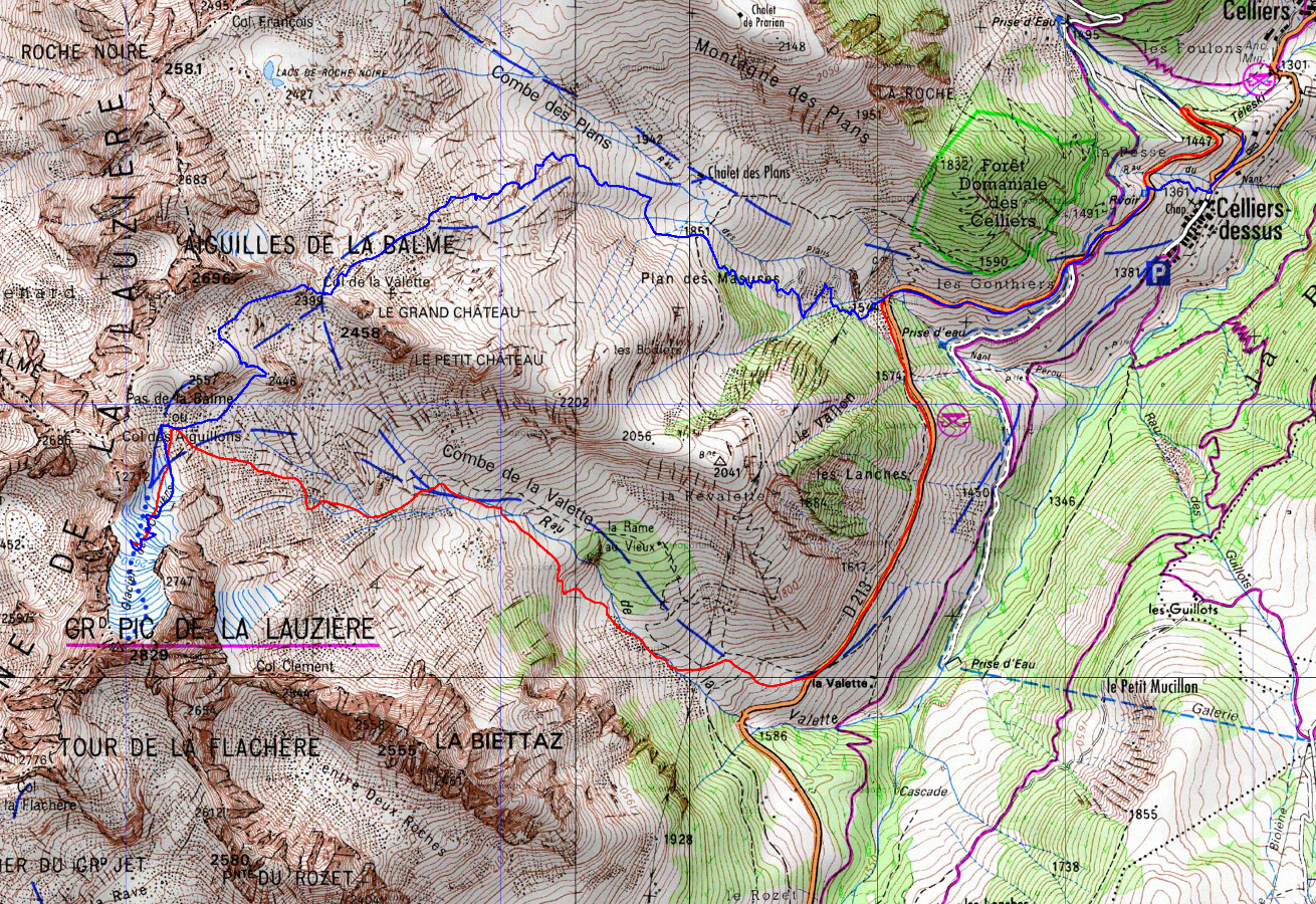 20170325-000-GrandeLauziere-trace.jpg - La trace : montee par la Combe de la Valette et redescente par la Combe du Plan ... un bon plan