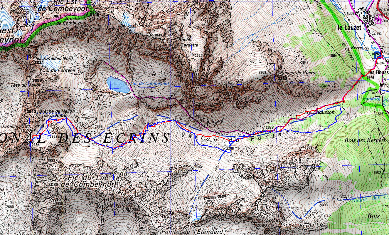 20170508-000-VallonRoute-trace.jpg - La trace : a la montée (en rouge) le plus longtemps au sec, donc a pied, et a la descente (bleu) le plus a droite possible, a l'ombre pour profiter des langues de neige (presque jusqu'au coin picnic ou la trace s'arrete)