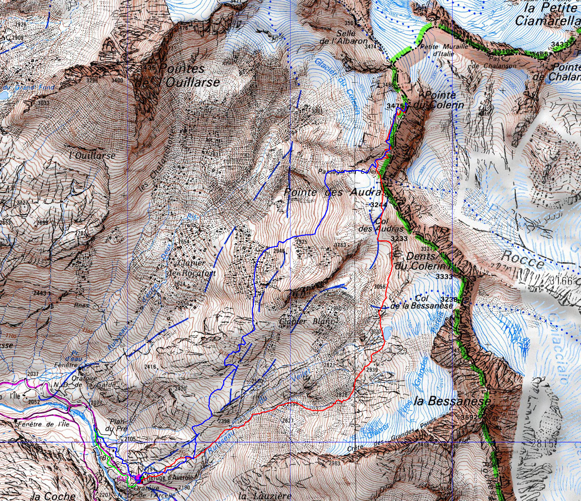 20170522-000-PteColerin-trace.jpg - La trace: en vert la montee de nuit, la veille, en rouge la montee du refuge au sommetdans ce vallon bien a l'abris du soleil, on passe par le passage du Colerin et on crois voir le sommet juste au-dessus de nous, mais il est plus loin est plus loin et on fini par contourner cette antecime un petit peu par la gauche. A la descente on rejoint la descente de la Selle de l'Albaron. Juste en bas, faut bien serrer a gauche pour eviter des passages deneigees. Cool.