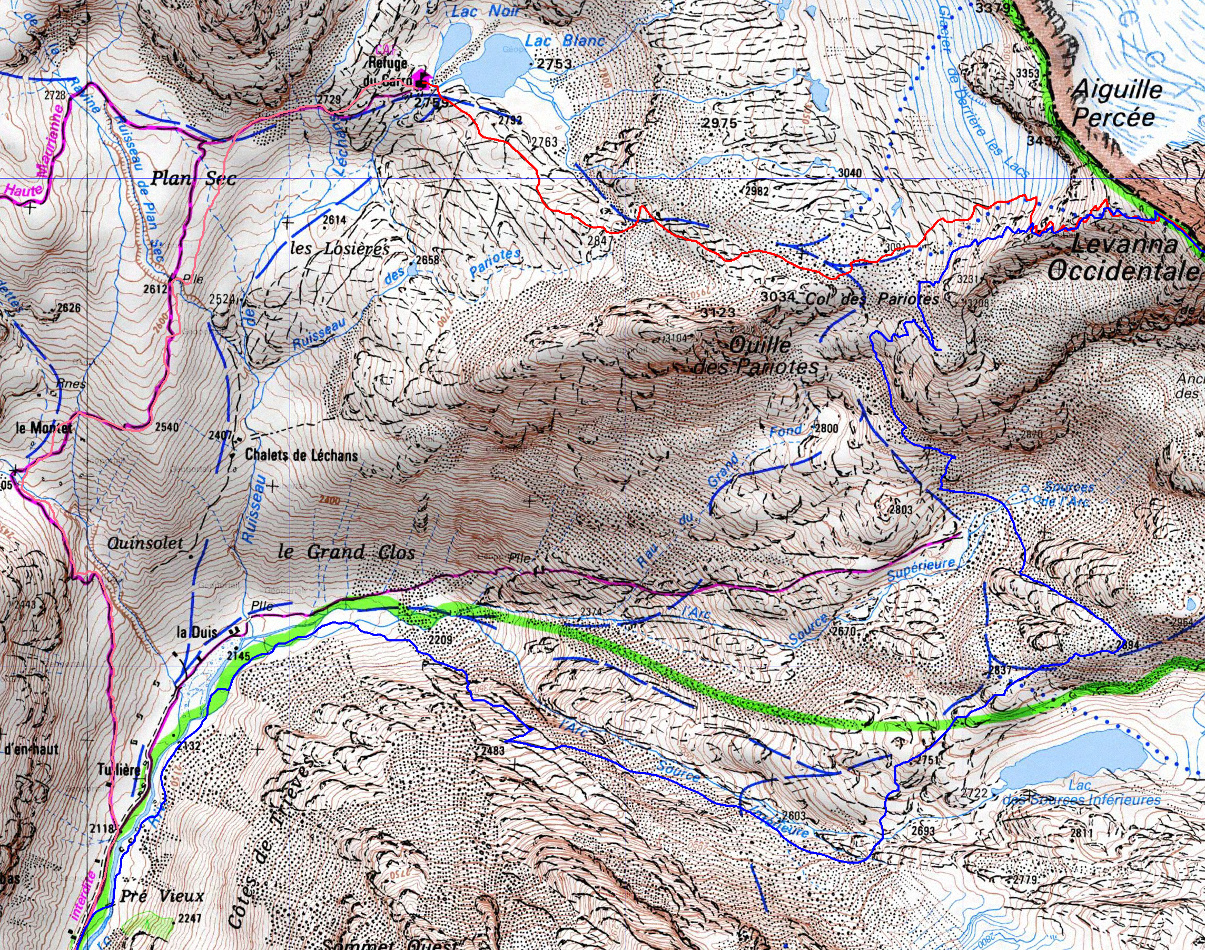 20170603-000-Levanna-trace.jpg - La trace de la montée au sommet puis la descente jusqu'a la passerelle. Le reste de la descente jusqu'a Ecot est sur l'autre carte.Pour la fin de la descente mon intention etait d'avancer bien plus en hauteur, pour ensuite descendre plus proche du parking ... mais impossible de voir ou on met les pieds, puis les pentes plus ouest sont seches. On n'a pas trop mal joué finalement