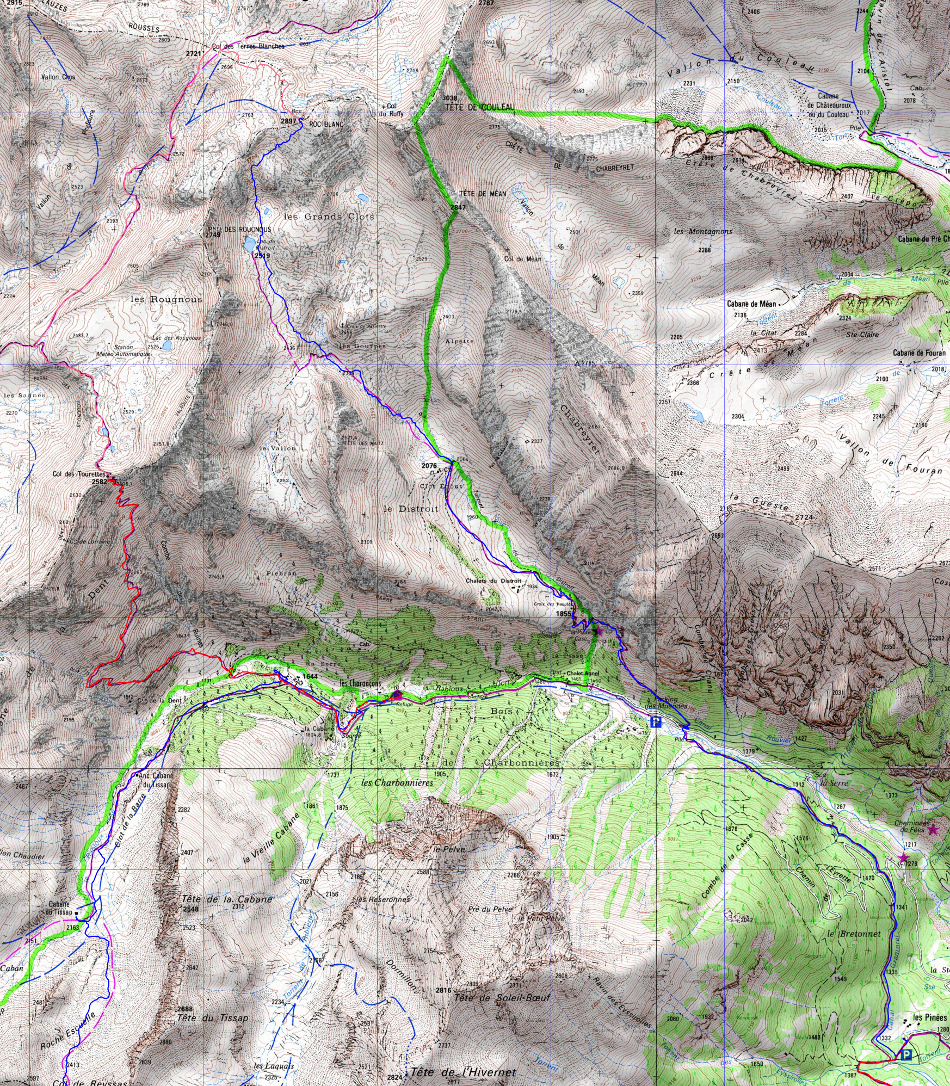 carte-trace-j2-Choroncons-Pinee.jpg - Trace de dimanche : du refuge de Choronçons on monte au Col des Tourettes (avec ses 2 tourettes rocheuses), puis on descend un peu avant de remonter au Col des Terres Blanches (nom bien trouvé d'ailleurs) puis au Roc Blanc. La on quitte les baskets pour descendre par une affreuse caillasse et quelques névé jusqu'au lac de Distroit, puis une longue descente jusqu'a la route et de la encore 4km interminables le long du canal ... pourtant on court presuqe tout le long