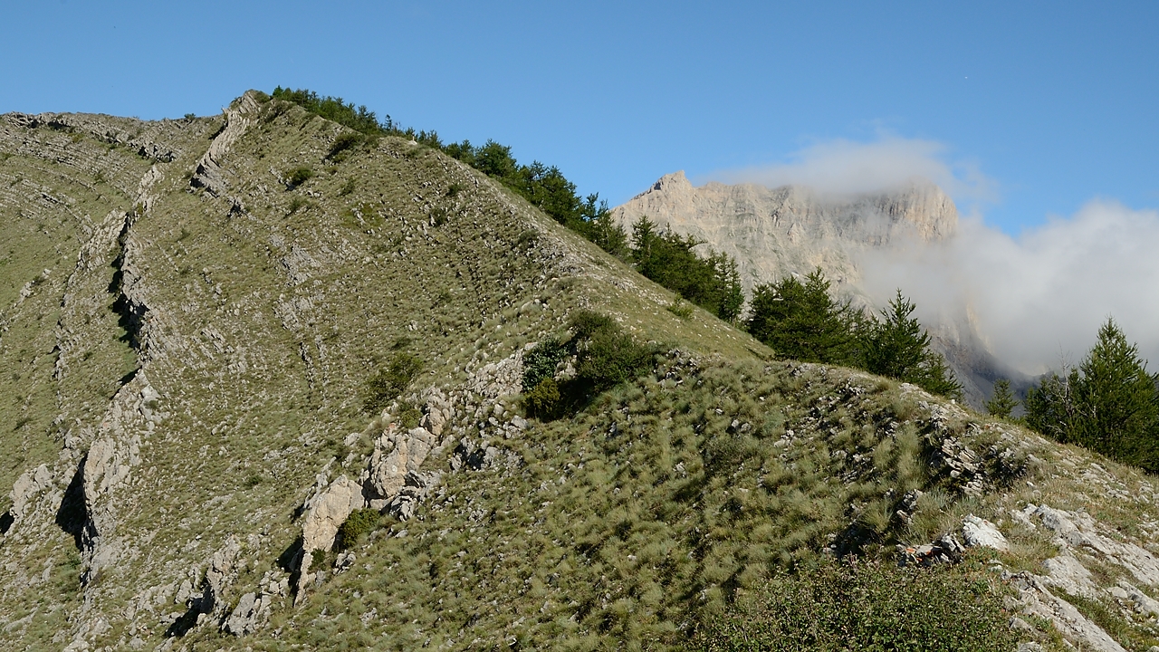 20170702-015-TeteClappe.jpg - L'arete qu'on suivra jusqu'au sommet : au fond  le Pic de Bure qui joue un peu au cache-cache
