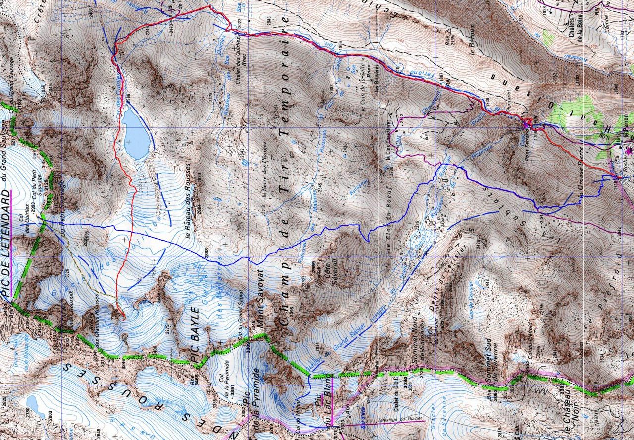 20170708-000-Quirlies-trace.jpg - Trace : donné sa forme j'ai tourné la carte, on y verra mieux. Le point le plus plus haut est sur le glacier menant au Pic Bayle, a un endroit ou on doit attaquer quelques mètres un peu delicats avant d'arriver sur du glacier facile. Puis le Col des Quirlies, puis le col à 2888m qui sépart le glacier des Quirlies du glacier des Malatres. Puis une longue descente quasi tout le long hors chemin.