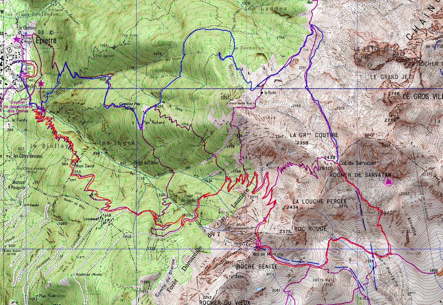 20170716-000-ColSarvatan-trace.jpg - Trace : on part d'Epierre, de tout en bas (p.e. pour etre sur d'avoir plein de denivelé a faire). Pour faire une boucle par les col de Montjoie et de Sarvatan, il y a plusieurs options, mais les differentes cartes ne montrent pas les memes.  On a finalement choisi une sur des chemins globalement tres bien marqués et tres bien entretenus. L'acces au Sarvatan est caillouteux, et notre chemin de descente meilleur que la montée. Le bas de la descente est tres raid par moment, et elle n'en finit pas ...