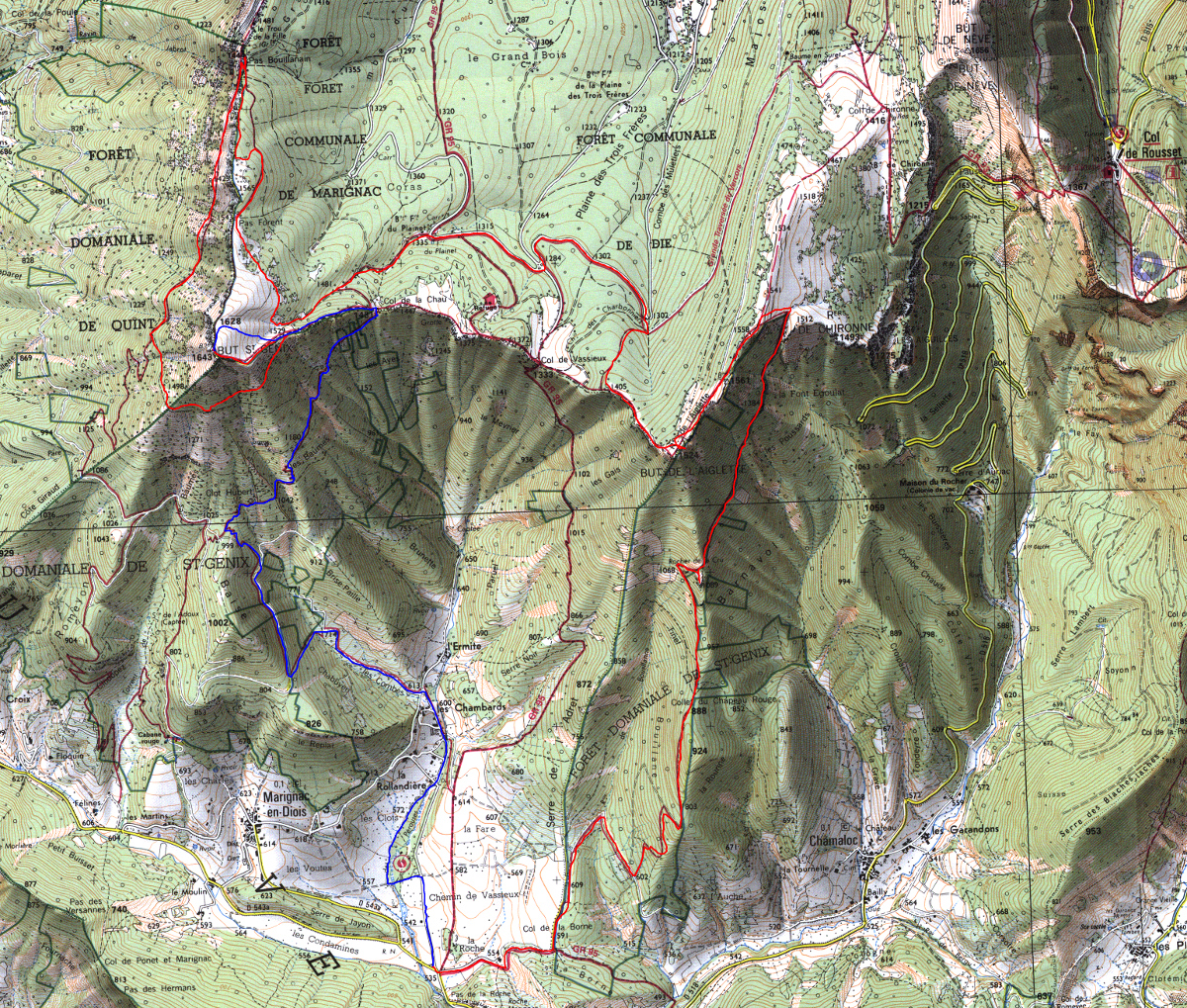 20170923-000-ButStGenix-trace.jpg - Trace : on voit qu'on "tourne un peu autour du pot" avant d'atteindre le sommet, le But St Genix. Le plan initial prevoyait de descendre jusqu'au Col de Vassieux, puis descendre par le GR jusqu'au parking. Raté.