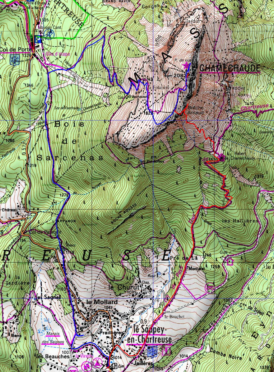 20170924-000-Chamechaude-trace.jpg - Trace : un tour pas tres long pour etre rentré a midi (j'ai du boulot, bcp de boulot). La breche est facile a situer, c'est là où on traverse la falaise (puis avant de monter on part chercher une breche plus à droite qui ne se monte pas du tout)