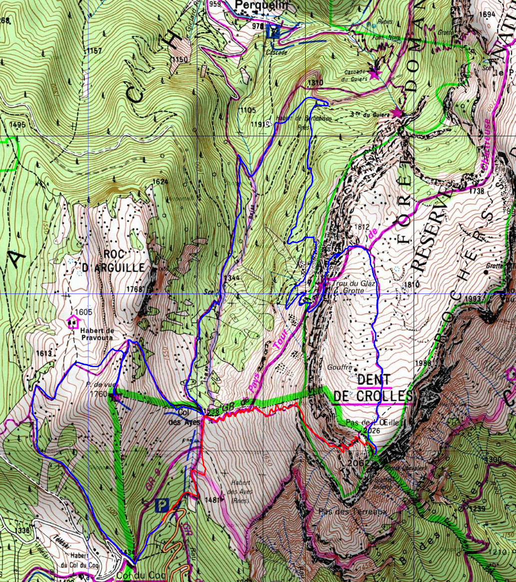 20170930-000-DentCrolles-trace.jpg - Trace : montée classique par le Pas de l'Oeil (en rouge) puis redescente tout a fait standard jusqu'au Trou du Glaz; puis pour allonger un peu, descente sur un chemin en voie de disparition en direction de Perquelin, Puis Col des Ayes, Pravouta, assez habituels aussi