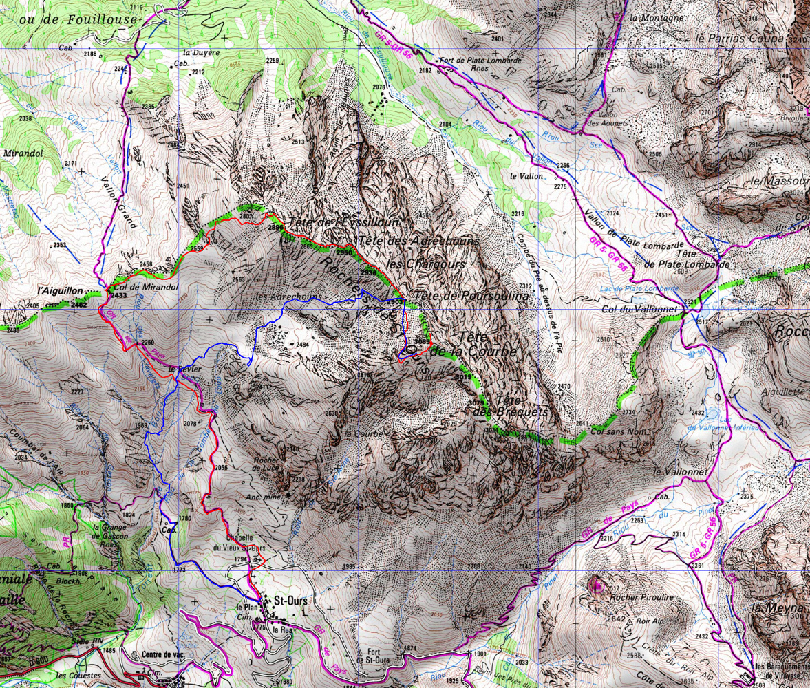 20171007-000-TeteCourbe-trace.jpg - Trace : on monte par le Col de Mirandol (sur un des 2 chemins) puis en suivant l'arête jusqu'à la Tête de Poursoulina. A partir de là elle devient bien scabreuse et la sente part en traversée pour se terminer par une montée facile. Mais il y a 10m (même moins) dans la traversée où le chemin a été emporté. A la montée on passe un temps fou pour contourner l'obstacle, à la descente on chausse les vraies chaussures et ça passe tout seul