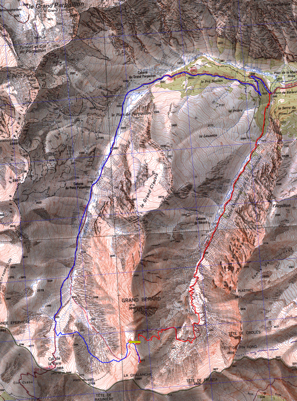 20171008-000-ColReverdillon-trace.jpg - Trace : sur le fond de carte qui correspond a la carte papier qu'on avait. A partir de la bergerie (qu'on devine vers 2400m), le chemin a changé depuis, mais on se laisse induire en erreur par la carte, puis l'ancien chemin existe toujours un peu (j'ai pris quelques racourcis agreables sur fond de pelouse pour arriver plus vite au soleil, il fait un peu frais pour se promener en T-shirt). Après la traversée scabreuse ers 2590m (l'ancien chemin a bel et bien disparu) on trouve le chemin actuel qui est très bon, à la montée comme à la descente