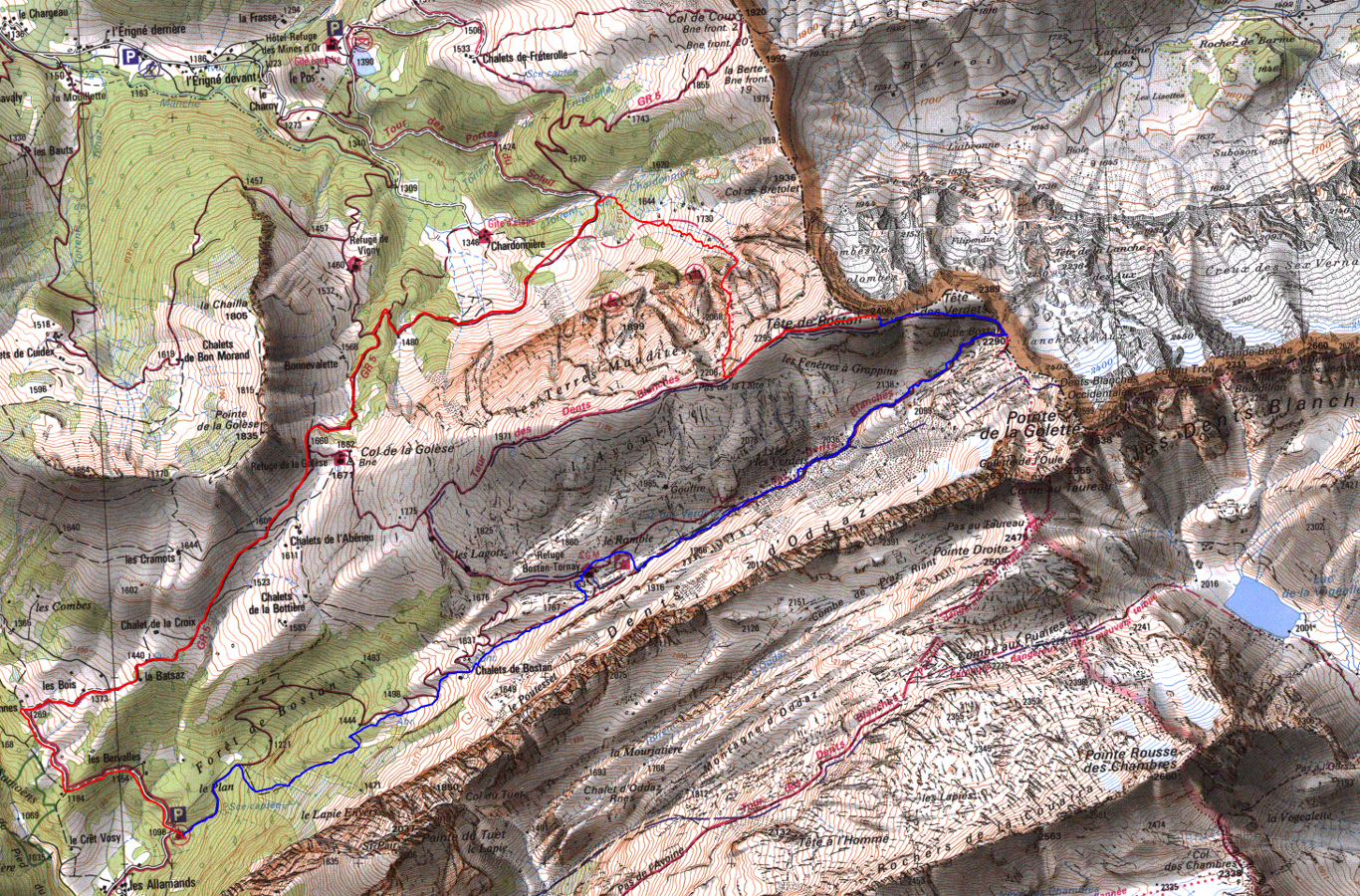 20171101-000-TeteBostan-trace.jpg - Trace : on avait le choix entre plusieurs combes partant des Allamands au-dessus de Samoens. C'etait le bon choix. Presque pas de neige sauf un peu dans les expositions nords de la montee au Pas de la Latte (assez raid par moments), presque pas de neige dans  la descente tandisque du cote suisse ou dans la montee vers la Pointe de la Golette c'est bien blanc. Et on est bien en Haute-Savoie,  jusqu'au Col de la Golese et au refuge de Boston  on monte en voiture