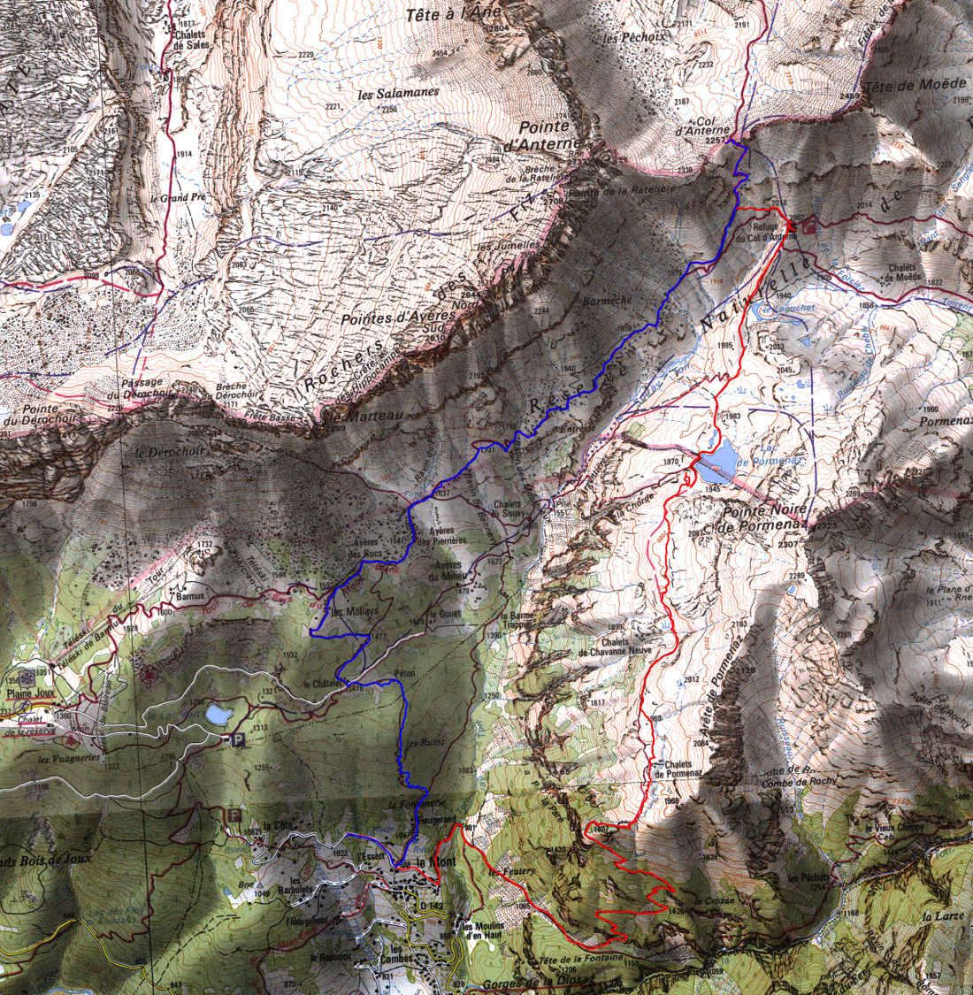 20171102-000-ColAnterme-trace.jpg - Trace : du Mont (au-dessus de  Servoz) nous montons  par un bon raidillon aux Calets de Promenaz, puis une longue traversée plus ou ou moins a flanc  par le Lac de Pormenaz au Refuge du Col d'Anterne (bien ferme). La montee au Col d'Anterne est courte mais boueuse. A la descente nous suivons plus ou moins la piste, sauf quelques racourcis, surtout sur la fin (tres raid)