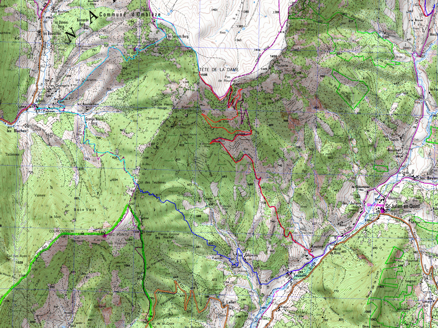20171118-000-TeteDame-trace.jpg - Trace : de Rouisse un peu avant St  Julien-en-Quint on monte (presque tout  le long sur une piste carrossable) au Pas de Rouisse sur le  plateau du Vercors  ou on est accueilli par une tempête de glacons. On passe par la Tête de la Dame sans meme s'arreter. Un peu sous le sommet on quitte le plateau, et plus on descend, plus le temps s'eclaircit, le vent  cesse. On  fait midi tout en  bas, aux Arbods. Puis on remonte (assez droit dans la pente) vers le Col des Teuliers (en ignorant le Bec Pointu, pourtant pas loin, mais dans  la purée de pois, avant de plonger sur les Touzons, d'ou il y a moins d'1km jusqu'a  Rouisse