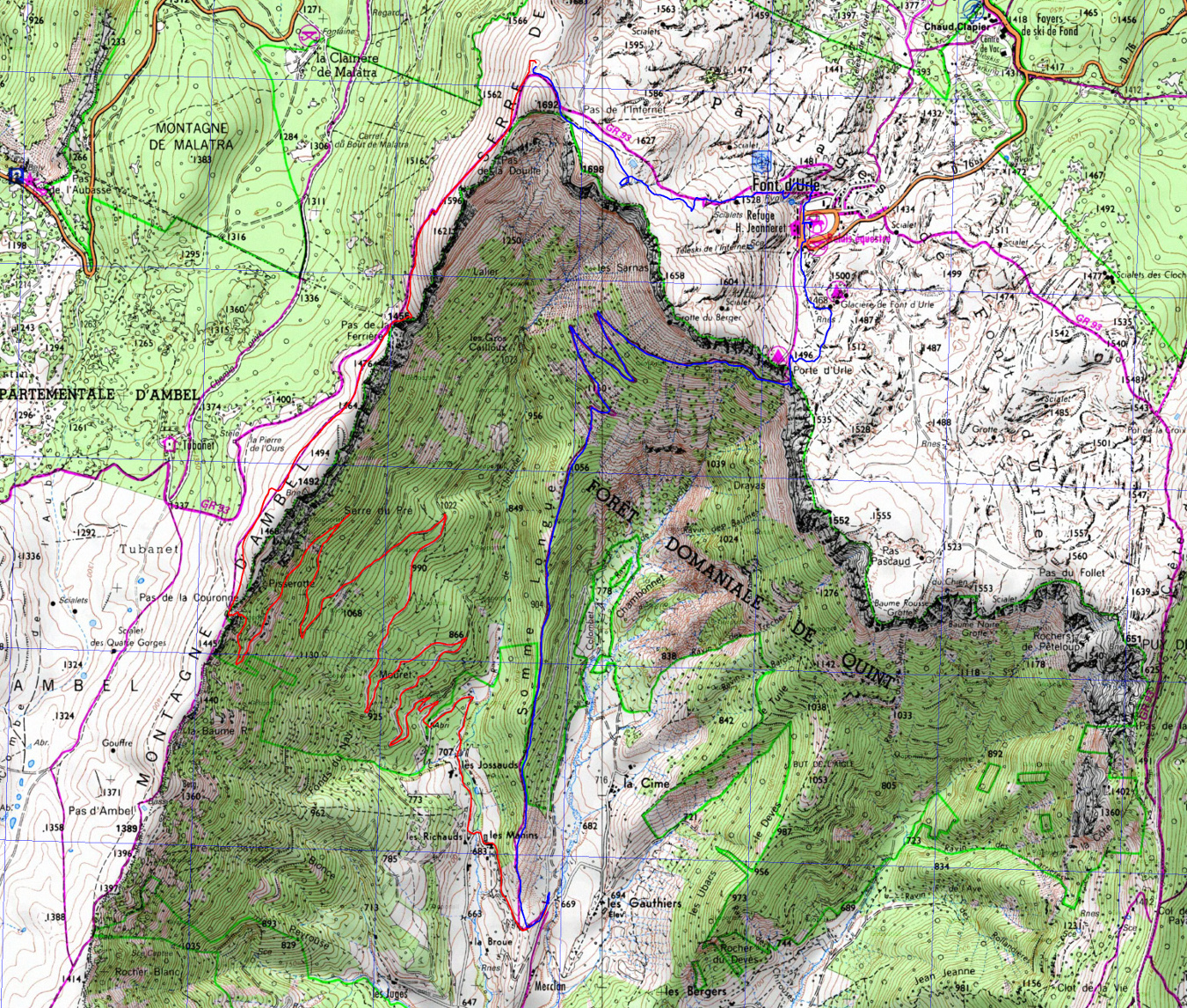 20171119-000-FondUrle-trace.jpg - Trace : on part d'un peu au-delà de St Julien, et on monte de nouveau longtemps sur une route (plus enneigée que celle de la veille) au Pas de la Couronne, ou on si trouve rapidement dans une tempête similaire à celle de la veille, on suit le Plateau d'Ambel par le Pas de la Ferriere, Pas de la Douille, Pas  de l'Infernet jusqu'à Font d'Urle. C'est un peu plus calme dans la station mais autant dans le brouillard  à couper au couteau. De là on rejoint la Porte  d'Urle  comme on peut et en se trompant. Côté sud du col il y a enormement de neige et il faut un peu de culot pour "deviner" le chemin tant qu'il reste dans la forêt. Ensuite il devient route et la descente est facile mais dans la neige jusqu'à la voiture (presque)