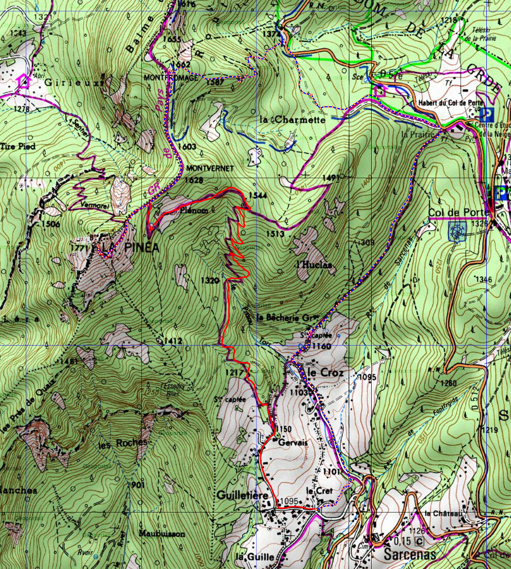 20171203-000-Pinea-trace.jpg - Trace : La Pinea a raquettes, un grand classique (surtout en partant du Col du Coq. Nous cherchons l'abri du vent du nord en partant de la Guilletiere (Sarcenas). En plus il y a moins de monde. Pour etre plus tranquilles dans le perimetre du Col du Coq (la station de ski est ouverte) nous coupons a travers foret