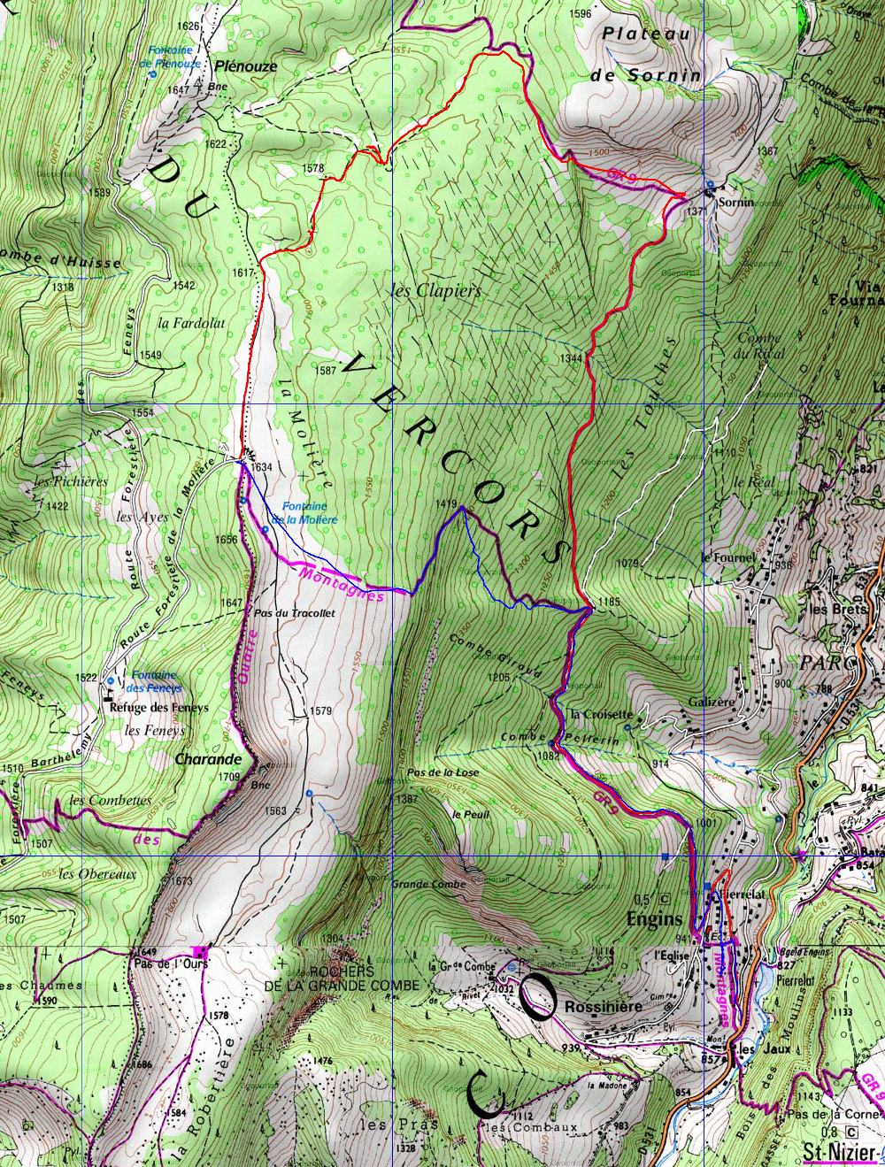 20171209-000-Sornin-trace.jpg - Trace : un tour tout a fait classique sur le Plateau de Sornin en partant d'Engin ; de tout en bas car sans pneu neige la montee au parking habituel n'est pas bien possible le matin. La descente dans la foret a l'air loin du chemin, mais on reste bien dessus, c'est la carte qui doit etre fausse. Sur le plateau c'est parfois difficile de suivre le chemin avec precision mais on y arrive pas mal