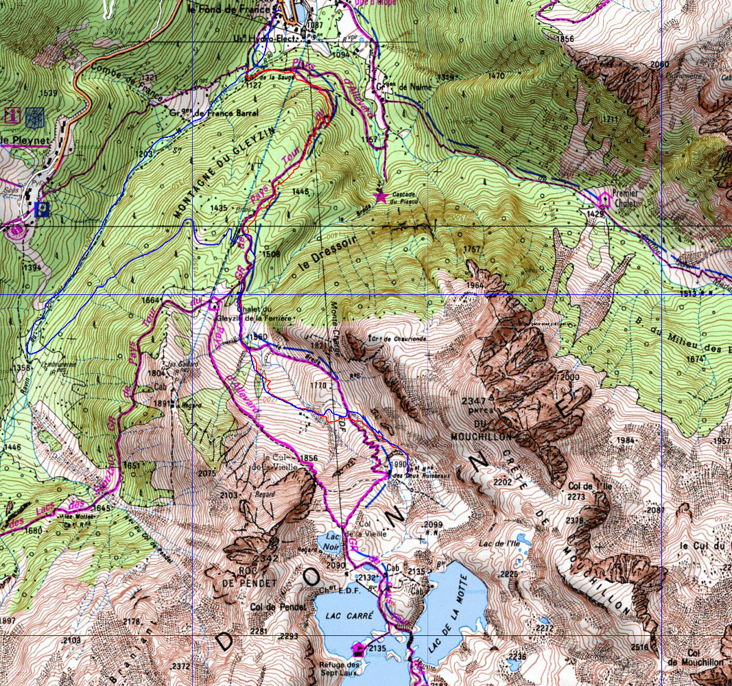 20171217-000-SeptLaux-trace.jpg - La Trace : le but etait le Col de Mouchillon (en bas a droite) mais a la sortie du goulet il fait bien sombre, et on decide de renoncer ...