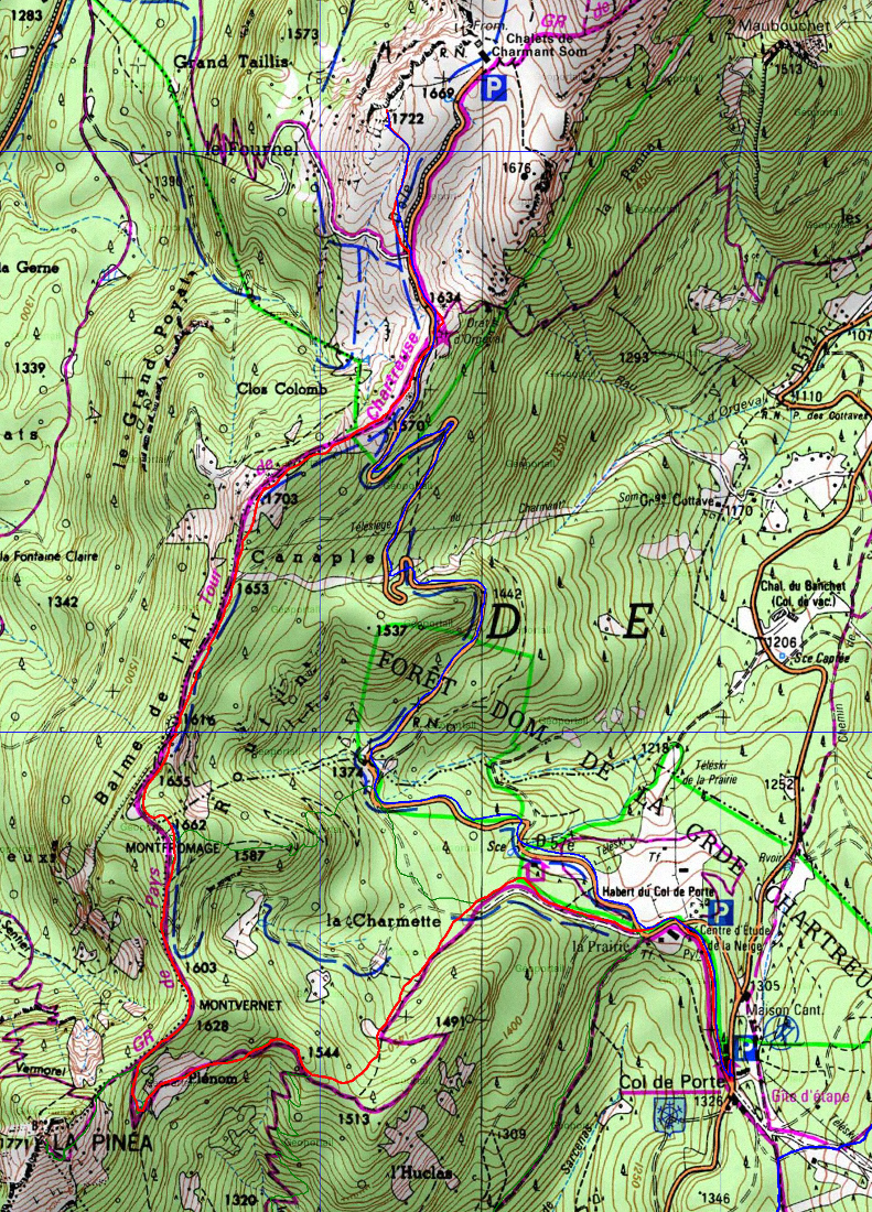 20171224-000-ColPorte-trace.jpg - La trace : un grand classique grenoblois au-dessus du Col de Porte a raquettes ; du Col de Porte on monte a la crete qu'on atteint au pied de la Pinea puis on la suit jusqu'a a la route (piste de ski de fond en ce moment). De la on monte au petit sommet au dessus des Chalets du Charmant Som, puis retour par la route (on veut rentrer tot)