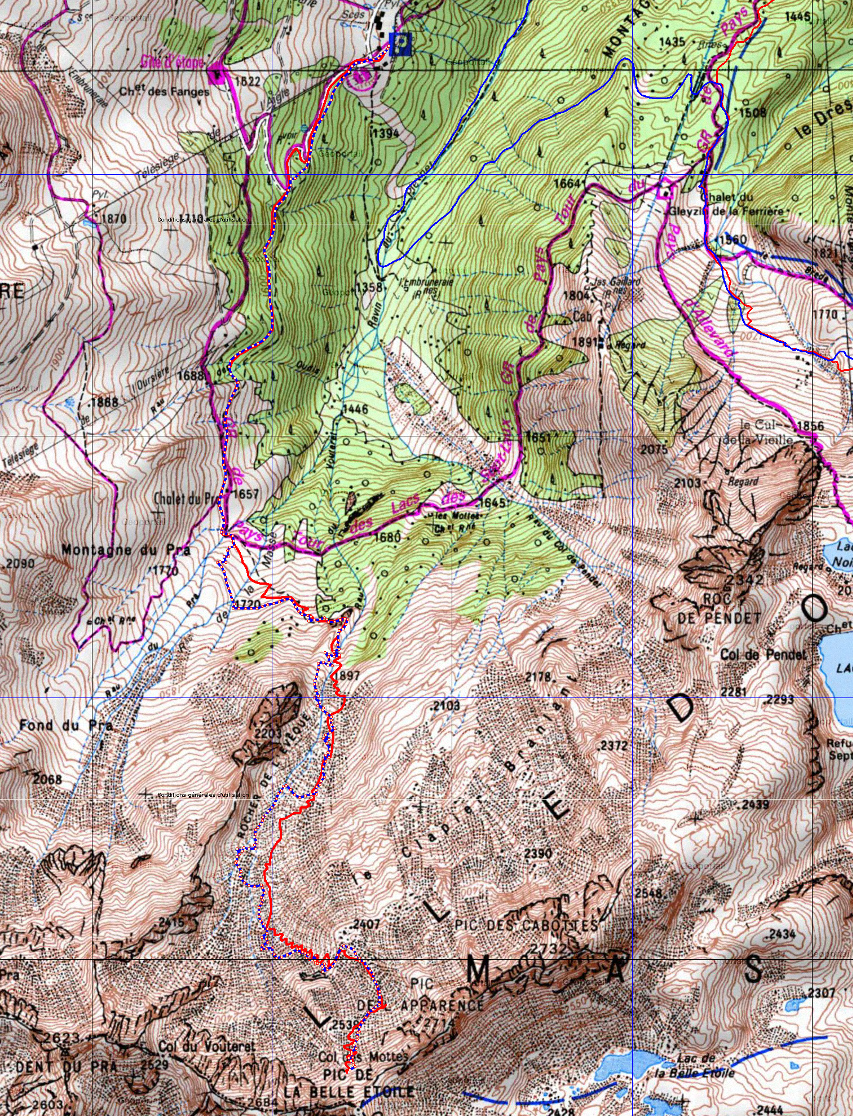 20180106-000-BelleEtoile-trace.jpg - Trace : on monte (en rouge) par un itineraire tout a fait classique en contournant l'arete qui monte au sommet par la gauche (par neige moins dure, on monte souvent droit dans la pente, assez raide). On s'arrete 100m sous le sommet, plus possible de continuer a ski et j'ai oublié mes crampons (il les faut). A la descente on essaie de traverser le ruisseau de la Pra plus haut, pour profiter un peu de la piste, mais non pas possible, il faut bien descendre et traverser par le pont