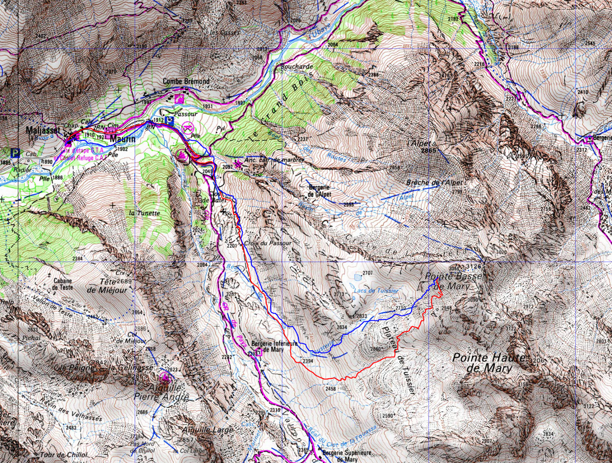 20180204-000-PteBasseMary-trace.jpg - Trace : dans le vallon Mary on prend le chemin du haut, c'est mieux et c'es la que passe la trace. Il y en a qui sont montés la veille a la Pointe Basse de Mary, donc on suit leur trace. Au dessus du plateau de Tuissier, la pente se raidit et la neige se durcit (sous 5cm de fraiche). Quand je pense être à quelques mètres de la crête (il reste plus de 100m de denivele comme on voit sur la carte, au-dessus, pour atteindre le sommet c'est à pied), je pars en glissade pour m'arreter 50m plus bas. Rien de mal, mais ca refroidit tout le monde. Pourtant a ski la neige tient plutôt bien (voire photos)
