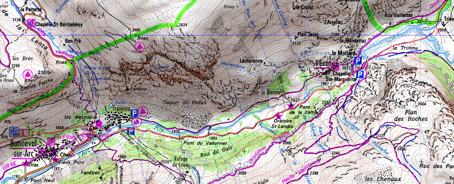 20180317-000-Ecot-trace.jpg - Trace : en rouge pointillé, la montée du village de Bonneval sur la route, maintenant piste de ski de fond, jusqu'au bout de la plaine vers l'Ecot, tout proche du hameau Triève (croix rouge au départ et a l'arrivée, pas très visibles, j'admets) -- pas de profile aujourd'hui, car particulièrement pas intéressant