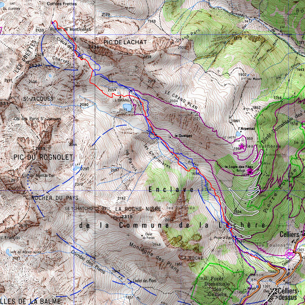 20180324-000-PortesMontmelian-trace.jpg - Trace : montée en douceur pour ce weekend ou il faut encore une fois faire un peu attention ou on met les pieds ... jusqu'à la crete; comme souvent, on se dispense de sommet, la neige y est mauvaise ... dans la descente,  en-dessous d'une certaine altitude la neige est meilleure dans les pentes au sud et un peu raides