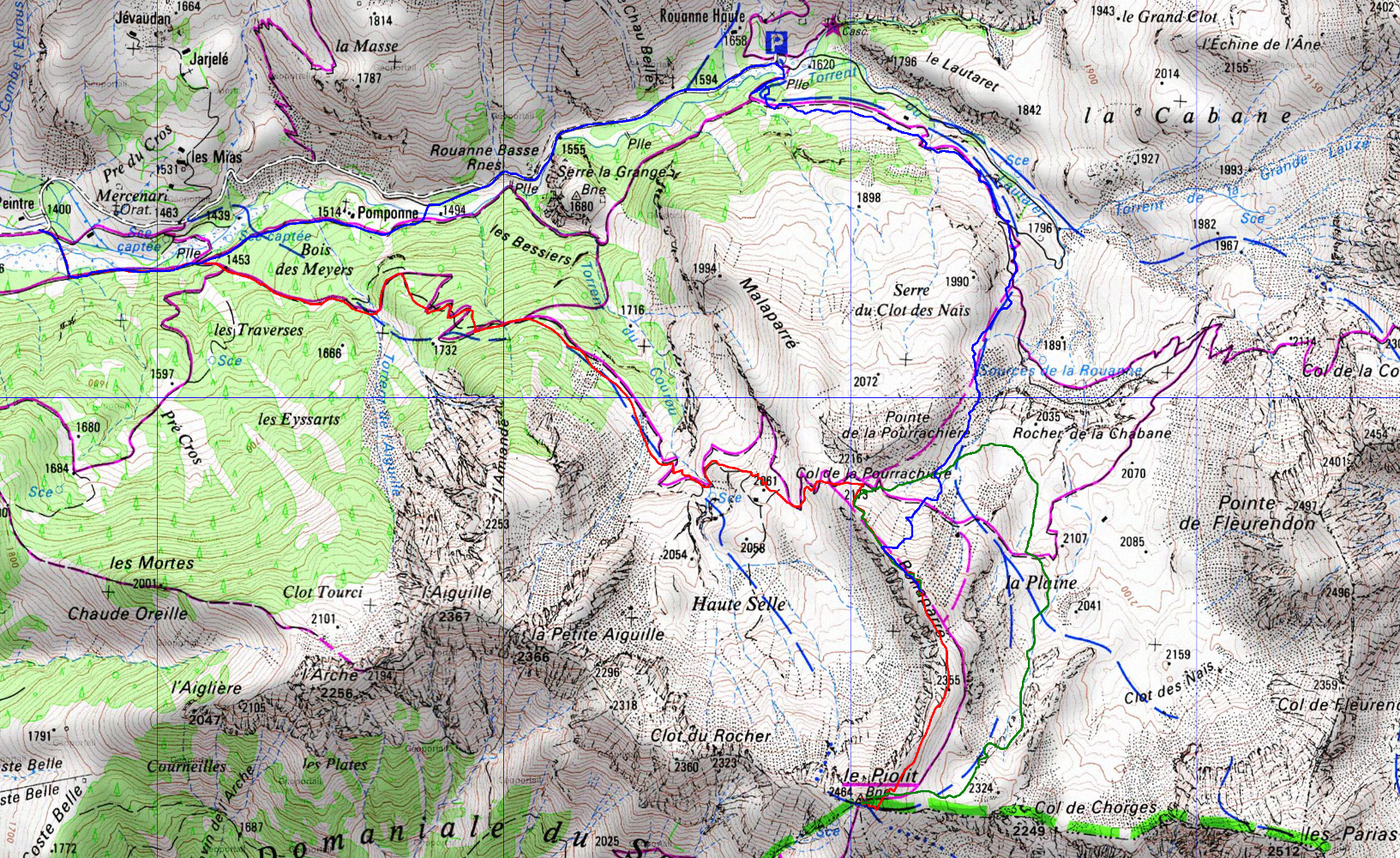 20180402-000-Piolit-trace.jpg - Trace : montée bien nord sur la trace rouge jusqu'au Vallon de la Haute Selle, puis par le Col de la Pourrachiere et la Crete Bonaparre jusqu'au sommet, Puis descente ouest du Piolit (trace verte) pas loin du Rocher de la Chabane, avant la remontée au Col de la Pourrachiere, et encore 150m plus haut. De la, (trace en bleue) on rebascule finalement du même coté dans une belle pente bien nord qu'on n'ose pas attaquer de tout en haut, puis on suit tout le long rive gauche du vallon jusqu'a la Rouanne, On essaye d'abord de continuer rive gauche, mais 4 skieurs nous disent que ca passera mieux rive droit, et on les suit