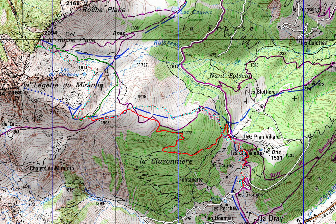 20180407-000-Legette-trace.jpg - Trace : joli tricot autour de la Legette du Mirantin. (1 - trace rouge) montée sur la bosse sous le sommet ou il faut quitter l'arete et descendre un peu dans le creux avant d'attaquer le sommet par la face. Mauvaise neige, donc (2 - trace verte) bonne descente dans un creux bien plus bas et remontée en face au-dessus du col de Roche Plane. (3 - trace bleu pointillée) bonne descente avec petite remontée vers la 1ere bosse ... la descente est bonne jusqu'a env 1700, acceptable jusqu'au Plan Villard, en-dessous ca n'a jamais regelé, soupe infame mais pas long