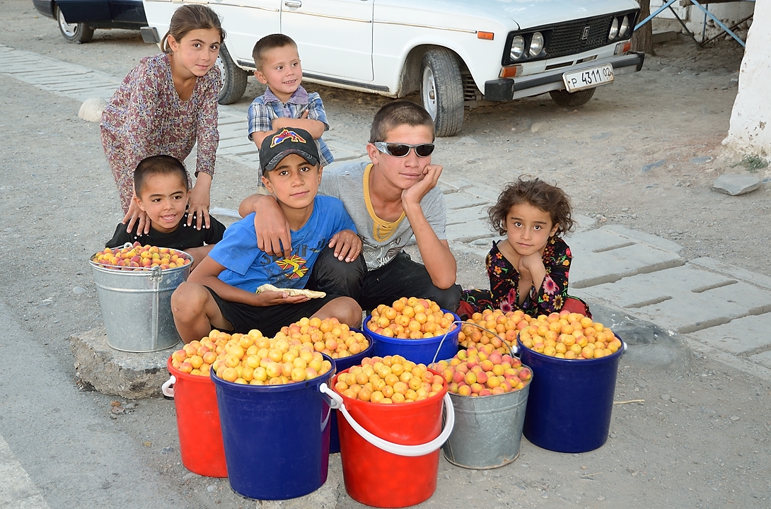 Tadjikistan-J14-2012-08-04-037-ShakriZarafshan.jpg - Just before leaving the main road and turning in the direction of Pendjikent, we encounter these kids selling fruits .... and who also want us to take a photo, again with my sun glasses