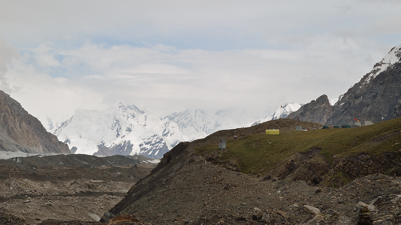 20130804-078-Trek.jpg - Arriving at the Merzbacher Camp --- the lake is at the foot of the Branenosec Pik on the northern branch of the glacier